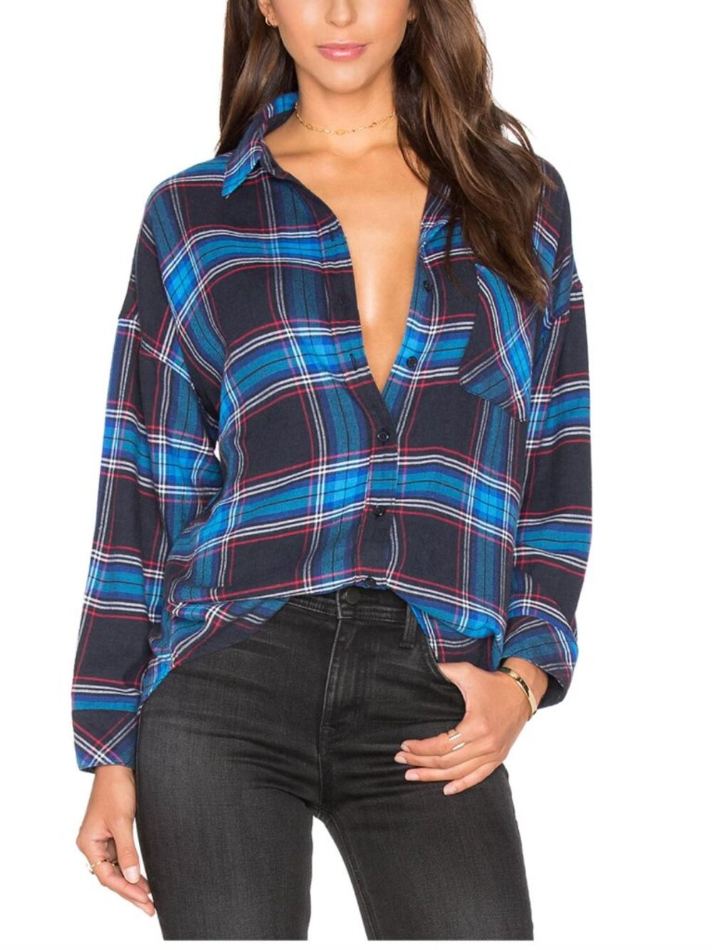 Rails Jackson Black/Azure Plaid Button-Up Flannel Shirt Small Rayon/Cotton Blend
